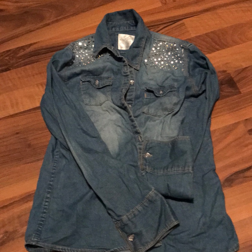 Bedazzled denim Justice buttoned blouse